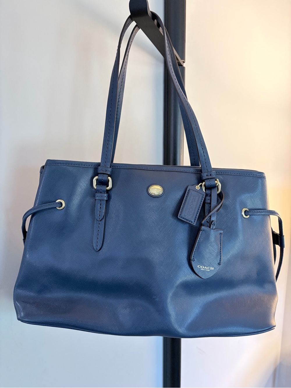 COACH Navy Leather Shoulder Tote with Gold Hardware